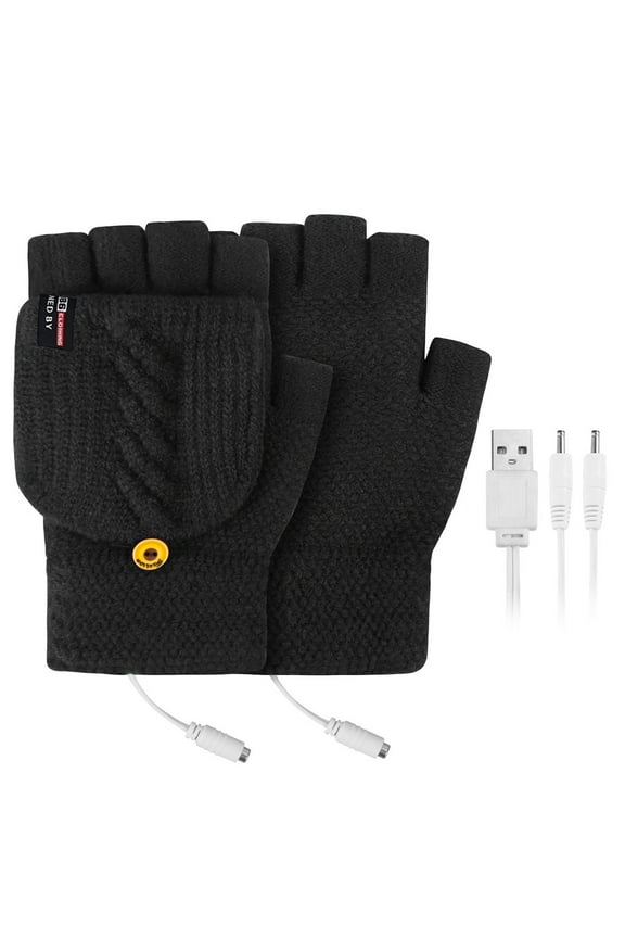 Women's USB Heated Gloves, Double-Sided Electric Warm Gloves with Flip Cover, Rechargeable Half Finger Gloves for Typing, Gaming and Winter Outdoor Activities - Black