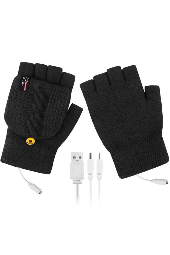 Women's USB Heated Gloves, Double-Sided Electric Warm Gloves with Flip Cover, Rechargeable Half Finger Gloves for Typing, Gaming and Winter Outdoor Activities - Black