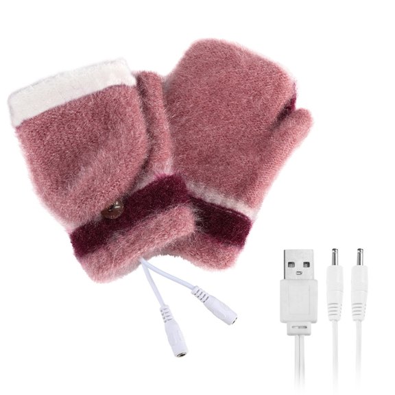 Women's USB Heated Gloves with Double-Sided Heating, Rechargeable 5V Winter Warm Gloves, Convertible Finger Cover Thermal Gloves, 40°C Constant Temperature Electric Heating Gloves Pink