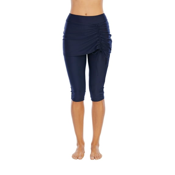 Women's UV Protective Capris Leggings with Skirt, Running Skirted Capri, Women's Swim Capris with Side Drawstring, Blue, S
