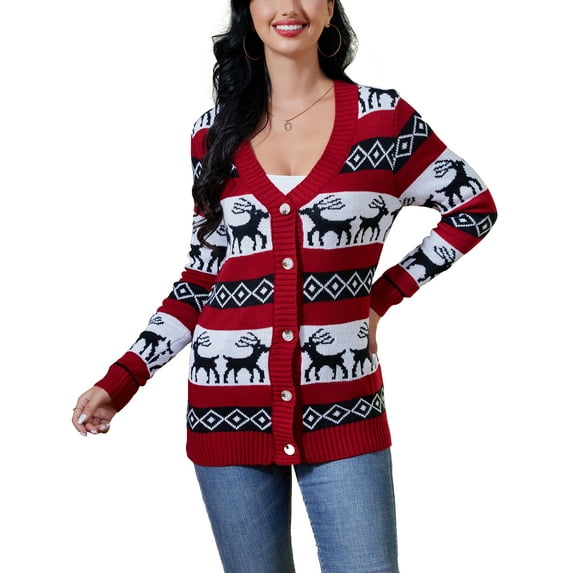 Women's Ugly Christmas Cardigans Button Down Open Front Knit Pullover Holiday Vacation Long Sleeve Cardigan Sweaters, White, 2XL
