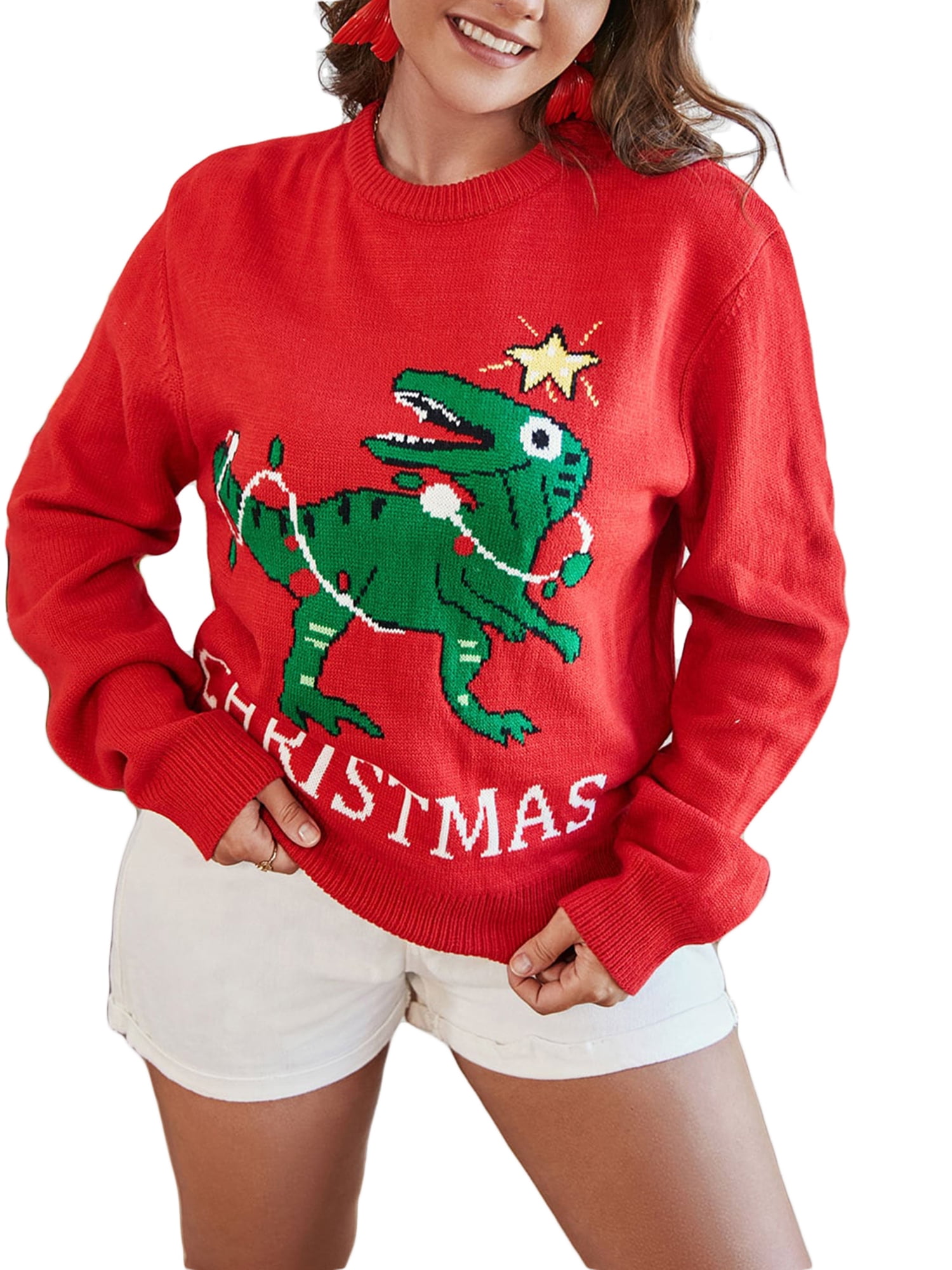 Women's Ugly Christmas Round Neck Turtleneck Sweaters Long Sleeve Elk  Snowflake Print Loose Knit Tops 