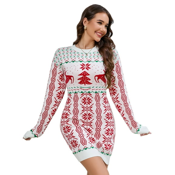 Women's Ugly Christmas Sweater Long Sleeve Round Neck Slim Mini Dress