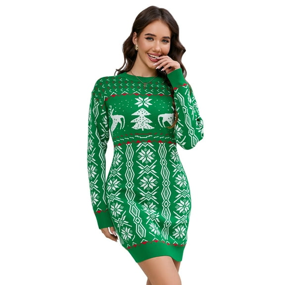 Women's Ugly Christmas Sweater Long Sleeve Round Neck Slim Mini Dress