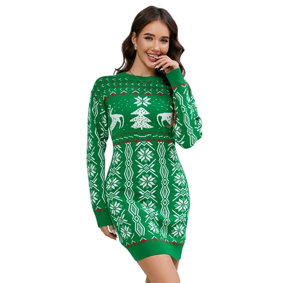 Women's Ugly Christmas Sweater Long Sleeve Round Neck Slim Mini Dress