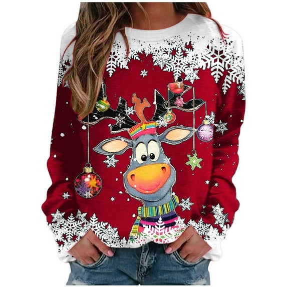Women's Christmas Sweatshirt with Sparkly Big Head Deer & Snowflake Print, Long Sleeve Hooded Crewneck Pullover Top
