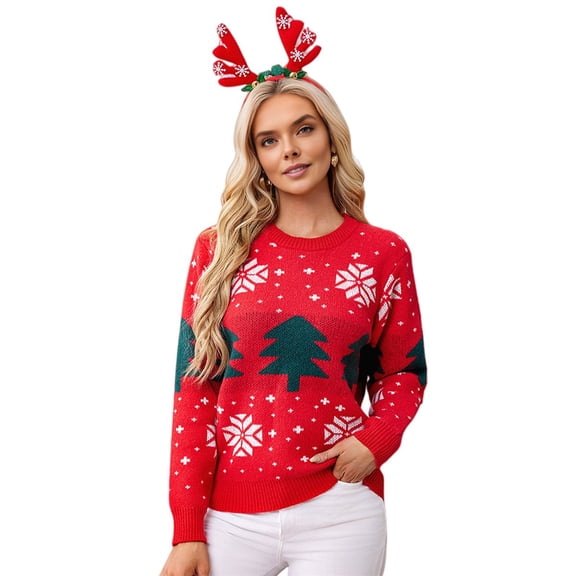 Women's Ugly Funny Christmas Sweaters Long Sleeve Knit Pullover Sweater Cute Reindeer Tree Snowflake Sweater Red M