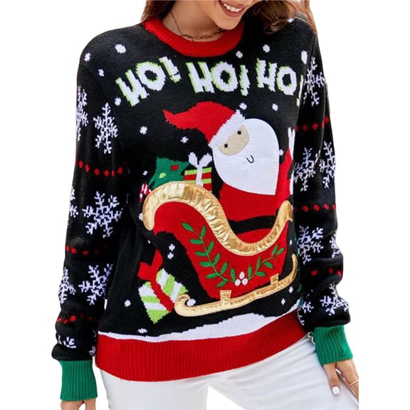 Women's Ugly Funny Cute Christmas Tree Snowflake Reindeer Santa Sweater Knitted Pullover Tops Black XXL