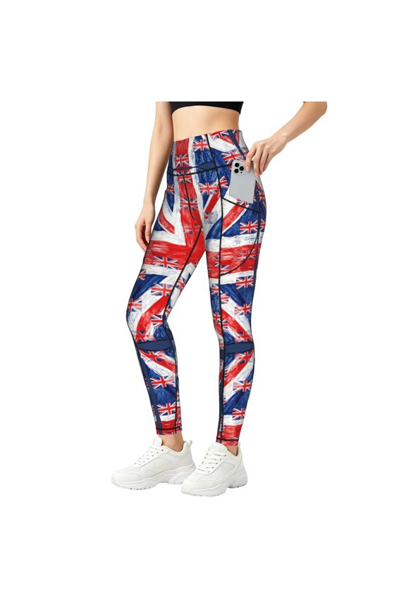 Women's Uk Flag Union Jack High Waisted Yoga Leggings with Pockets, Tummy Control Non See Yoga Pants Small