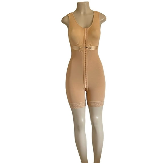 Women's Ultimate Stretch Front Hooks Wide Straps Lace Trim Full Bodysuit Post Surgery Compression Faja Nude L