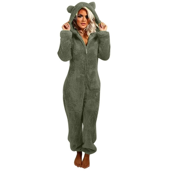 Women's Ultra Comfy Lounge Furry Sherpa Romper Onesie Pajamas Cute Ear Zipper Hooded One Piece Jumpsuit Sleepwear