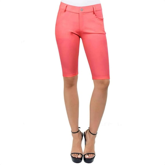 COUVER Women Ultra Stretchy Classic 5 Pocket Jeggings Bermuda Shorts Coral M