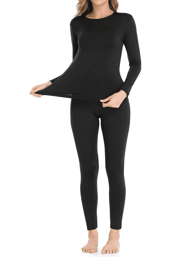 Women's Ultra-Soft Micro-Fleece Lined Thermal Base Layer Top & Legging Set, Black, 2XL