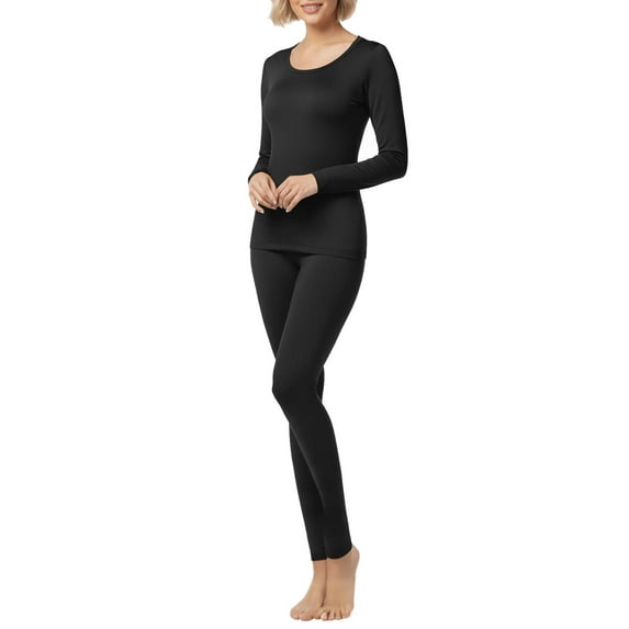 Women’s Warm Microfiber Long John Pajama Thermal Set – Fleece-Lined Base Layer Shirt & Pants for Winter, Ski, Cold Weather Layering & Sleepwear, Black, 2X-Large