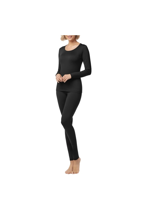 Women’s Warm Microfiber Long John Pajama Thermal Set – Fleece-Lined Base Layer Shirt & Pants for Winter, Ski, Cold Weather Layering & Sleepwear, Black, X-Large