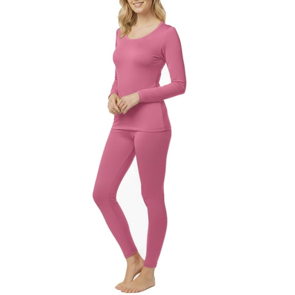 Women’s Warm Microfiber Long John Pajama Thermal Set – Fleece-Lined Base Layer Shirt & Pants for Winter, Ski, Cold Weather Layering & Sleepwear, Pink, Large