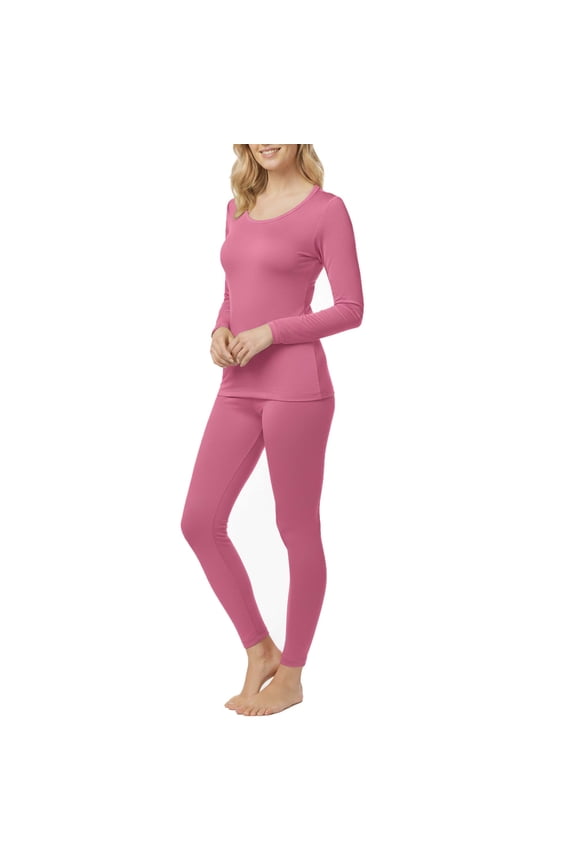 Women’s Warm Microfiber Long John Pajama Thermal Set – Fleece-Lined Base Layer Shirt & Pants for Winter, Ski, Cold Weather Layering & Sleepwear, Pink, Medium