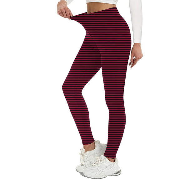 Women's Ultra Stretch Striped Leggings - High Waisted Tummy Control Yoga Workout Pants with Pockets, Soft Full Length Print Leggings for Gym Casual Party