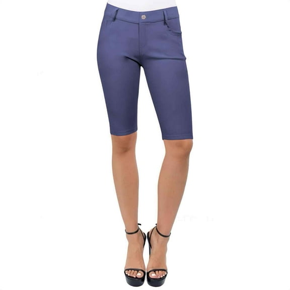 COUVER Women Ultra Stretchy Classic 5 Pocket Jeggings Bermuda Shorts Denim Blue L