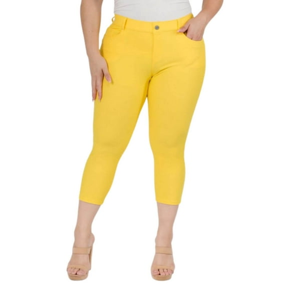 Women's Ultra Stretchy Classic 5 Pocket Jeggings, Capri, Yellow, 2XL