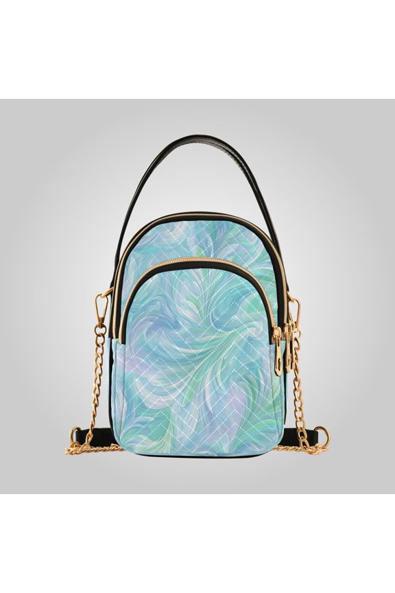Women's Ultrasonic Wave-Patterned Crossbody Bag, Leather Accent Fashion Purse with Detachable Chain Strap & Multi Zipper Pockets Aqua Swirl Feather Design
