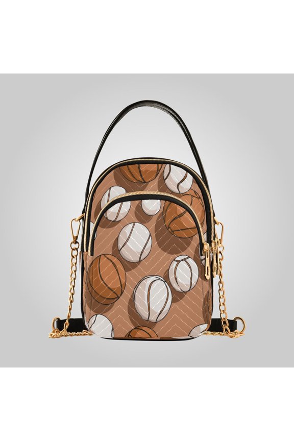 Women's Ultrasonic Wave-Patterned Crossbody Bag, Leather Accent Fashion Purse with Detachable Chain Strap & Multi Zipper Pockets Athletic Ball Collage Print