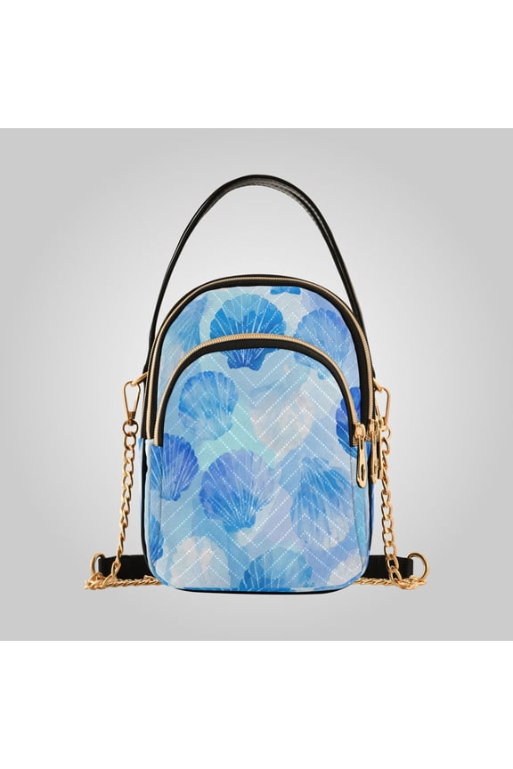Women's Ultrasonic Wave-Patterned Crossbody Bag, Leather Accent Fashion Purse with Detachable Chain Strap & Multi Zipper Pockets Blue Scallop Shells Watercolor Print