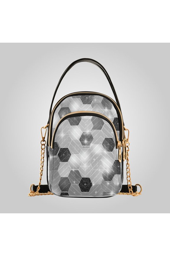 Women's Ultrasonic Wave-Patterned Crossbody Bag, Leather Accent Fashion Purse with Detachable Chain Strap & Multi Zipper Pockets Futuristic Sparkle Hex Tile