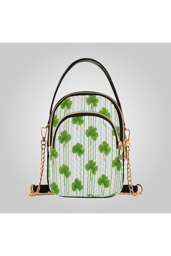 Women's Ultrasonic Wave-Patterned Crossbody Bag, Leather Accent Fashion Purse with Detachable Chain Strap & Multi Zipper Pockets Green Clover Stripe Pattern
