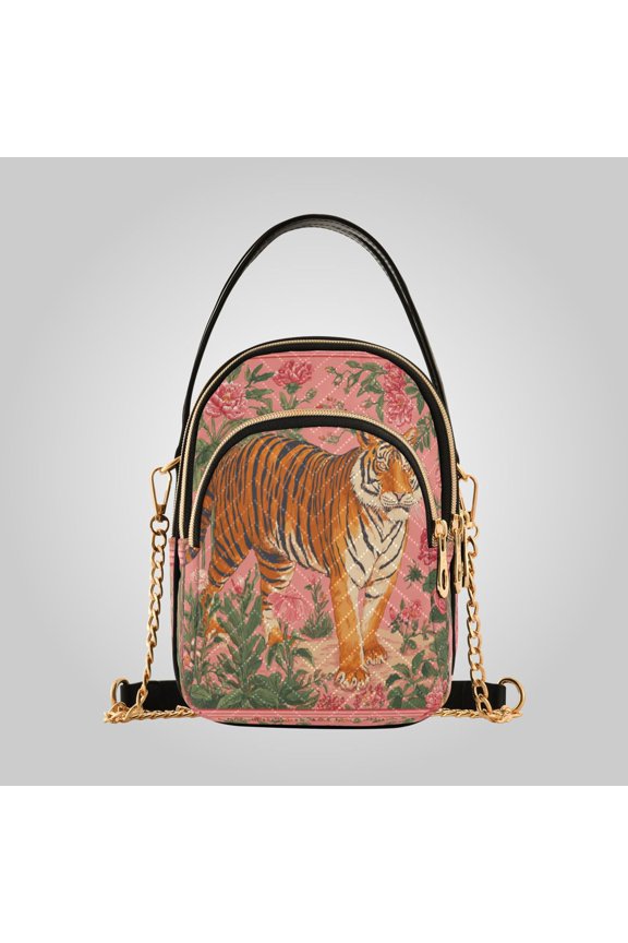 Women's Ultrasonic Wave-Patterned Crossbody Bag, Leather Accent Fashion Purse with Detachable Chain Strap & Multi Zipper Pockets Jungle Tiger Tapestry