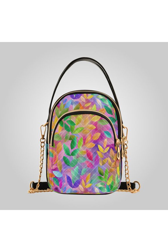 Women's Ultrasonic Wave-Patterned Crossbody Bag, Leather Accent Fashion Purse with Detachable Chain Strap & Multi Zipper Pockets Multicolor Foliage Design