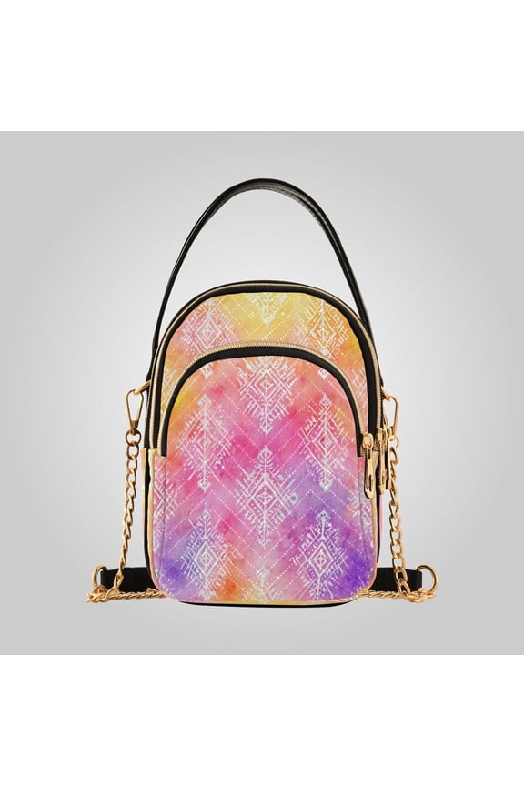 Women's Ultrasonic Wave-Patterned Crossbody Bag, Leather Accent Fashion Purse with Detachable Chain Strap & Multi Zipper Pockets Ombre Ethnic Geometric Print