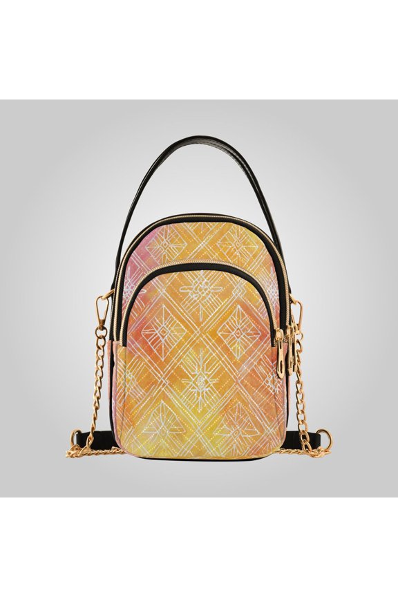 Women's Ultrasonic Wave-Patterned Crossbody Bag, Leather Accent Fashion Purse with Detachable Chain Strap & Multi Zipper Pockets Orange Watercolor Batik Print