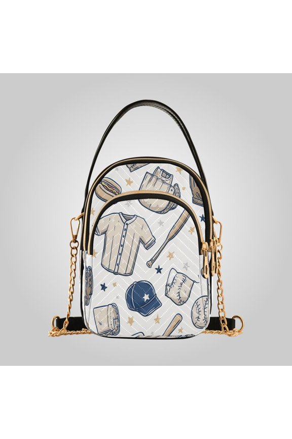 Women's Ultrasonic Wave-Patterned Crossbody Bag, Leather Accent Fashion Purse with Detachable Chain Strap & Multi Zipper Pockets Retro Athletic Collage Print