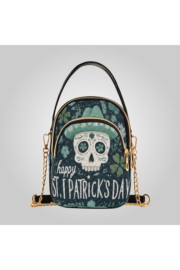 Women's Ultrasonic Wave-Patterned Crossbody Bag, Leather Accent Fashion Purse with Detachable Chain Strap & Multi Zipper Pockets Shamrock Sugar Skull Vibe