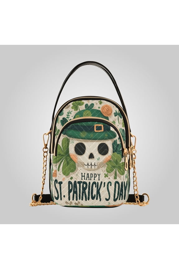 Women's Ultrasonic Wave-Patterned Crossbody Bag, Leather Accent Fashion Purse with Detachable Chain Strap & Multi Zipper Pockets St. Patricks Clover Skull