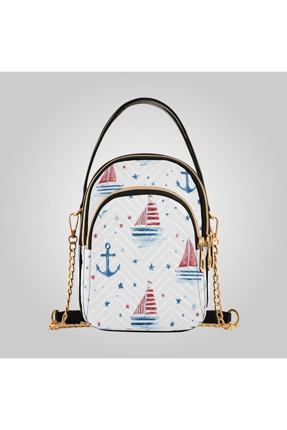 Women's Ultrasonic Wave-Patterned Crossbody Bag, Leather Accent Fashion Purse with Detachable Chain Strap & Multi Zipper Pockets Starry Coastal Sailboat Repeat