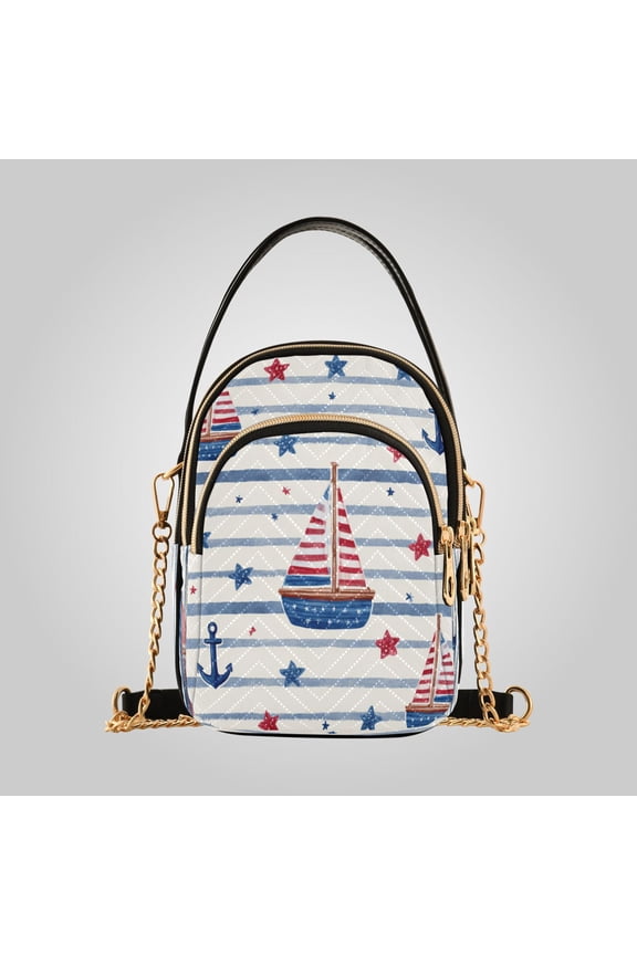 Women's Ultrasonic Wave-Patterned Crossbody Bag, Leather Accent Fashion Purse with Detachable Chain Strap & Multi Zipper Pockets Striped Coastal Adventure Print