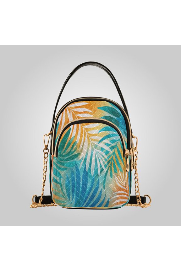 Women's Ultrasonic Wave-Patterned Crossbody Bag, Leather Accent Fashion Purse with Detachable Chain Strap & Multi Zipper Pockets Sunset Tropical Leaf Design