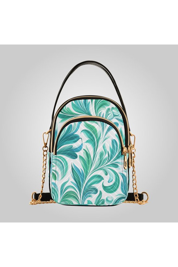 Women's Ultrasonic Wave-Patterned Crossbody Bag, Leather Accent Fashion Purse with Detachable Chain Strap & Multi Zipper Pockets Teal Swirl Damask Pattern