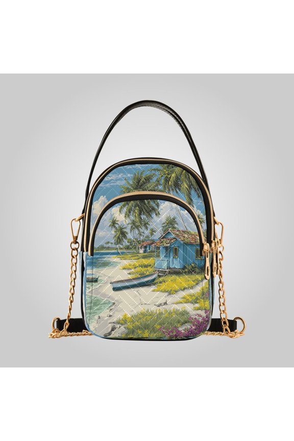 Women's Ultrasonic Wave-Patterned Crossbody Bag, Leather Accent Fashion Purse with Detachable Chain Strap & Multi Zipper Pockets Tropical Beach Hut Escape