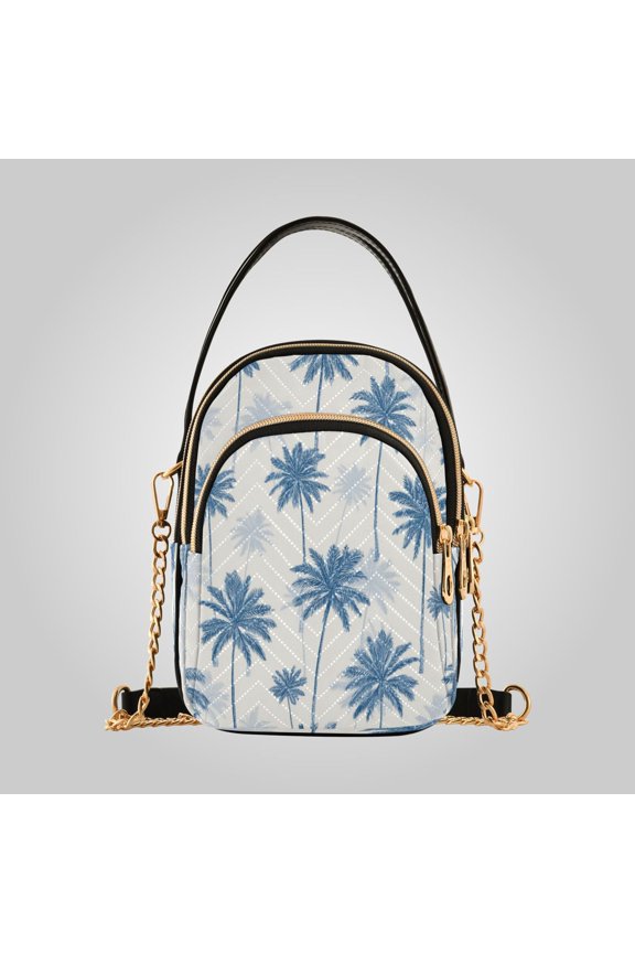 Women's Ultrasonic Wave-Patterned Crossbody Bag, Leather Accent Fashion Purse with Detachable Chain Strap & Multi Zipper Pockets Indigo Palm Pattern