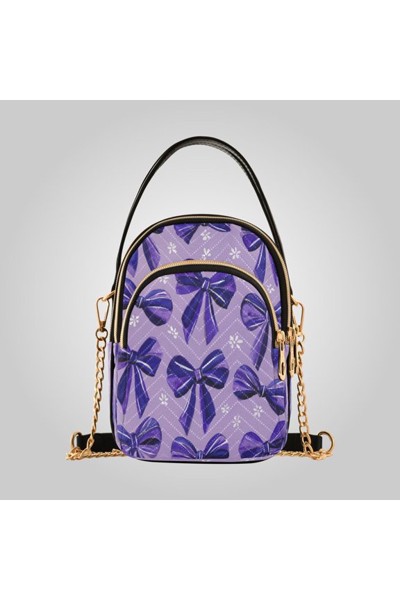 Women's Ultrasonic Wave-Patterned Crossbody Bag, Leather Accent Fashion Purse with Detachable Chain Strap & Multi Zipper Pockets Violet Bow Charm