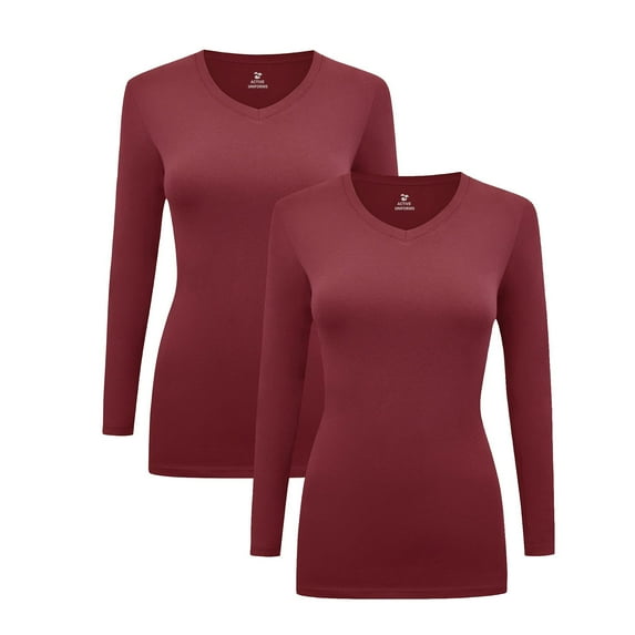 Women's Under Scrubs Long Sleeve T-Shirt Comfort V-Neck Medical Underscrub Tee -Super Soft and Stretchy - 2 Pack (Burgundy, Medium)