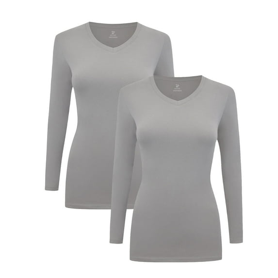 Women's Under Scrubs Long Sleeve T-Shirt Comfort V-Neck Medical Underscrub Tee -Super Soft and Stretchy - 2 Pack (Grey, Medium)