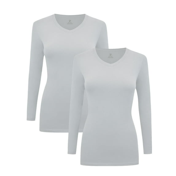 Women's Under Scrubs Long Sleeve T-Shirt Comfort V-Neck Medical Underscrub Tee -Super Soft and Stretchy - 2 Pack (Heather Grey, X-Large)