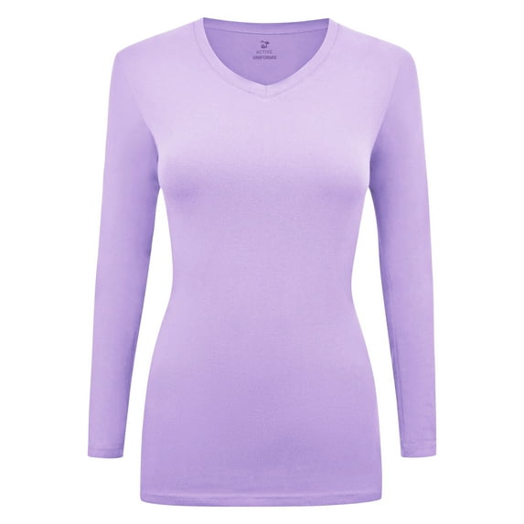 Women's Under Scrubs Long Sleeve T-Shirt Comfort V-Neck Medical Underscrub Tee -Super Soft and Stretchy - 2 Pack (Lavender, Large)