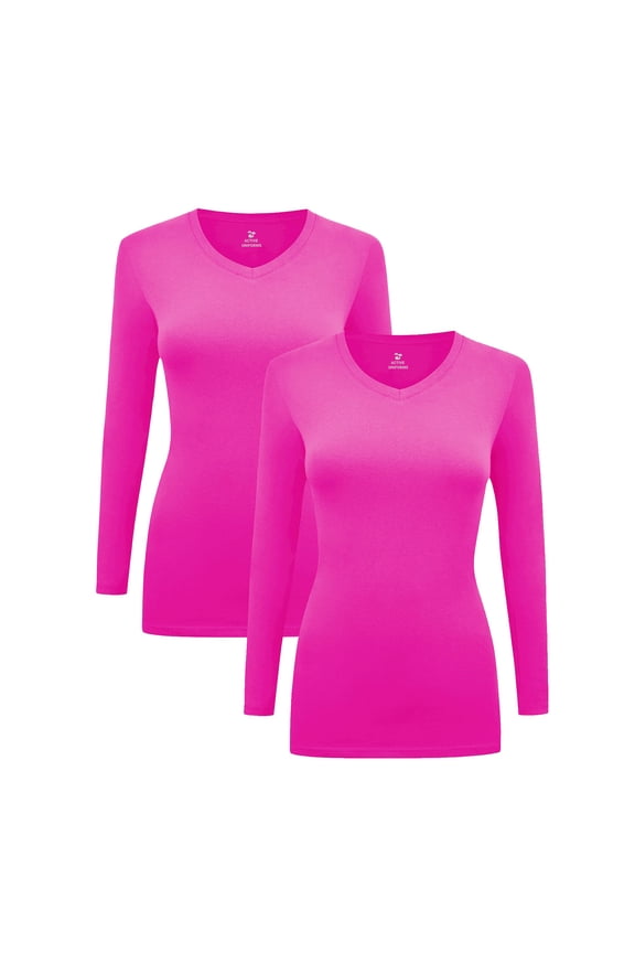 Women's Under Scrubs Long Sleeve T-Shirt Comfort V-Neck Medical Underscrub Tee -Super Soft and Stretchy - 2 Pack (Neon Pink, X-Large)