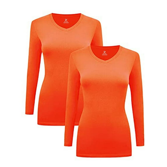 Women's Under Scrubs Long Sleeve T-Shirt Comfort V-Neck Medical Underscrub Tee -Super Soft and Stretchy - 2 Pack (Orange, Large)
