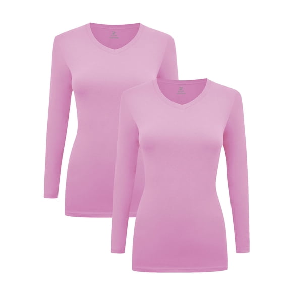 Women's Under Scrubs Long Sleeve T-Shirt Comfort V-Neck Medical Underscrub Tee -Super Soft and Stretchy - 2 Pack (Pink, XX-Small)